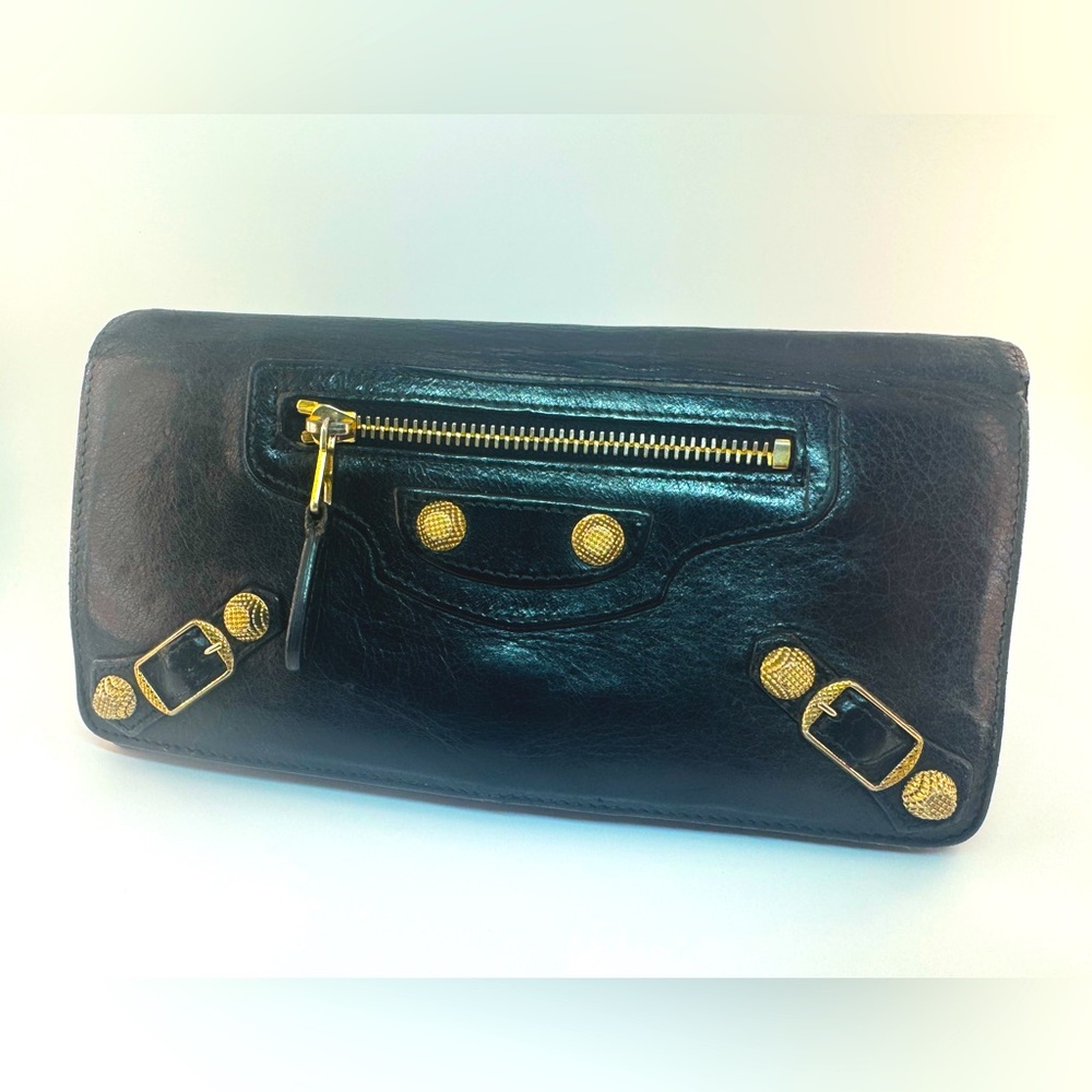 Balenciaga Giant Continental Wallet Black Lambskin Gold Hardware Authentic - Picture 1 of 15